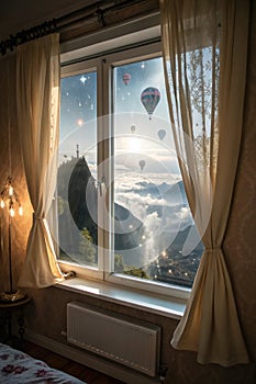 Window in room with surreal and mystical view