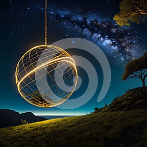 Surreal Night Landscape with Glowing Sphere and Starry Sky