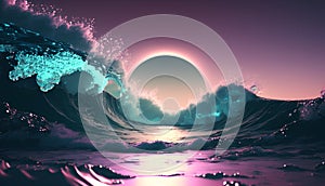 Surreal ocean wave with sun. 3d render digital illustration.