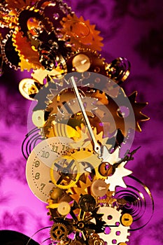 Surreal old clock with cogs and mechanisms, a time travel concept