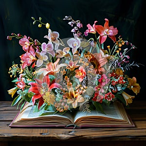 Surreal Open Book with Blooming Flowers and Vines - High-Resolution Botanical Fantasy Art photo