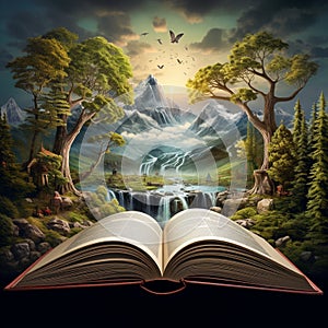 Surreal Open Book Seamlessly Transitioning into Breathtaking Landscape