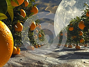 Surreal Orange Orchard with Giant Moon, Fantasy Landscape in Twilight, Vivid Dreamworld Agriculture Scene