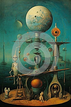 surreal painting to make life a science fiction machine used as a luxurious wall painting for reflection and meditation