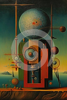 surreal painting to make life a science fiction machine used as a luxurious wall painting for reflection and meditation