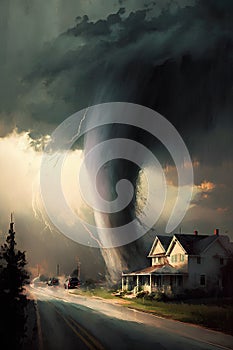 Surreal painting of tornado destroying a house in the middle of the road