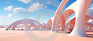 Surreal pastel landscape with geometric shapes and abstract desert dune arches in a futuristic scene