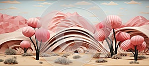 Surreal pastel landscape with geometric shapes and abstract desert dune, futuristic scene