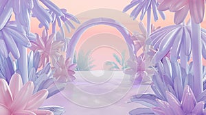 Surreal Pastel Tropical Plants Gateway in Dreamy Landscape.