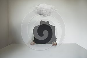 Surreal person with a cloud for a head, abstract concept of dream, imagination, creativity
