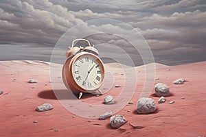 A surreal pink landscape with time-bending hourglasses