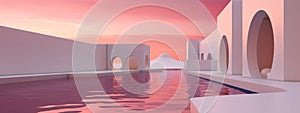 Surreal pink sunset reflecting on water between arched white buildings