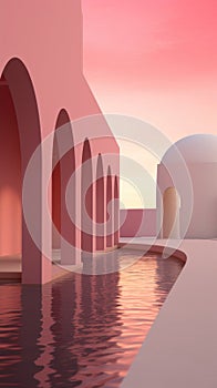 Surreal pink sunset reflecting on water between arched white buildings