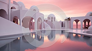 Surreal pink sunset reflecting on water between arched white buildings