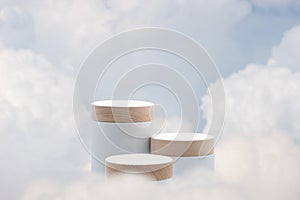 Surreal podium outdoor on blue sky soft white clouds with space.Beauty cosmetic product placement pedestal present stand minimal