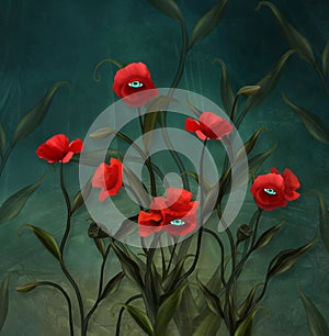 Surreal poppies with inquiring eyes