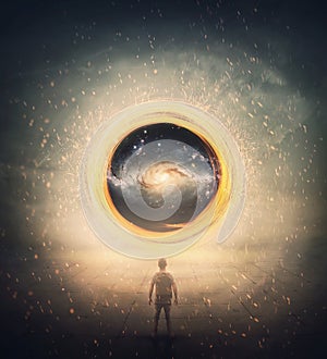 Surreal portal for teleportation as an abstract glowing circular twirl with spinning sparks. Mystery scene with a man finding a