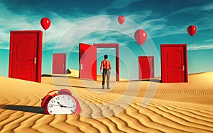 Man in front of different doors in the desert