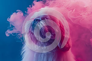 Surreal Portrait of a Fluffy Dog with Majestic Fur in Vibrant Pink and Blue Colored Smoke on Dark Background