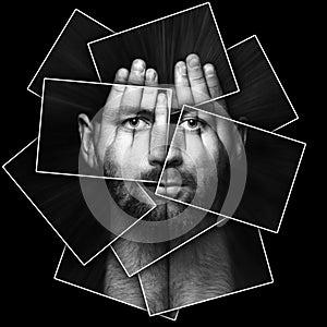 surreal portrait of a man covering his face and eyes with his hands, face shines through hands, double exposure, psychological