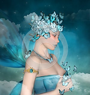 Surreal portrait of a woman with blue butterflies