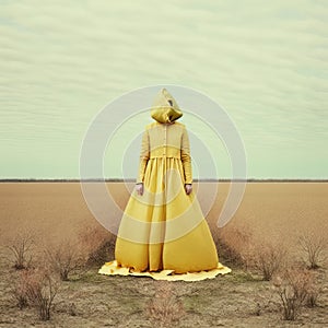 Surreal portrait of a woman with her face covered and a long dress on a desert landscape