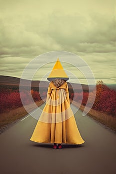 Surreal portrait of a woman with her face covered and a long dress on a road