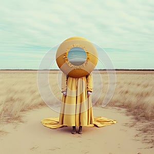 Surreal portrait of a woman with her face covered and a long dress on a strange landscape