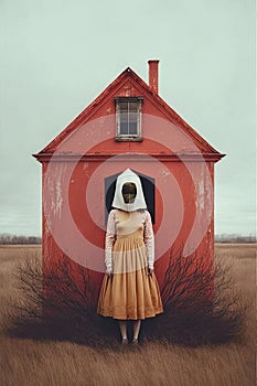 Surreal portrait of a woman with her face covered and a long dress on a strange landscape