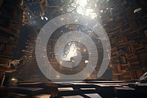 Surreal postapocalyptic library where books