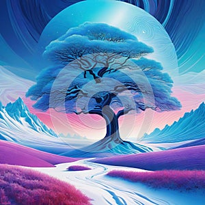 Surreal psychedelic landscape illustrationin alternative trippy colourful photo