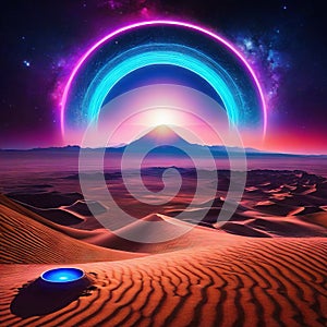Surreal Psychedelic Trippy Desert Mountain Galaxy Landscape with Neon Celestial Large Central Halo Circle