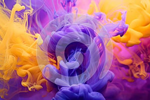Surreal purple and yellow smoke swirls in water, creating a stunning abstract for backgrounds and designs.