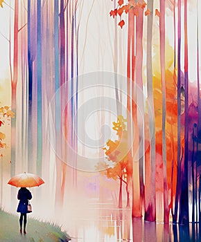 Surreal Rainy rainbow forest and woman with umbrella photo
