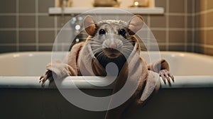 Surreal Rat In Tub With Wraparound Towel - Cinematic Mood