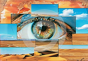 Surreal realistic photo of an eye with multiple frames of desert and blue sky. Escapism concept. Digital art photo