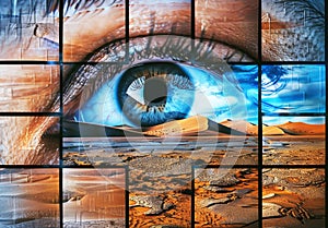 Surreal realistic photo of an eye with multiple frames of desert and blue sky. Escapism concept. Digital art photo