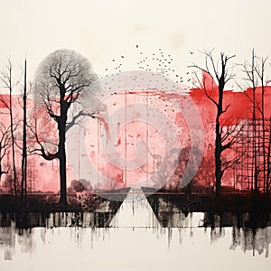 Surreal Red And White Desert Trees Painting Inspired By Nick Walker