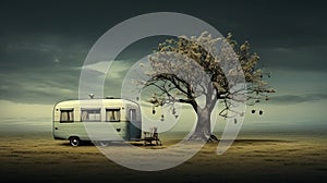 Surreal Retro Camper With Tree: Dreamlike Contrast Of Textures