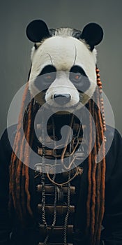 Surreal Robotics Panda Portrait With Braided Dreadlocks And Trachten