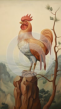 Surreal Rooster Painting On Rock: Muted Tones, Monumental Scale, Chinese Iconography