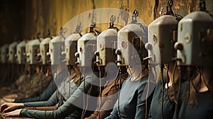 Surreal Row of Women with Vintage Helmet Heads Generative AI