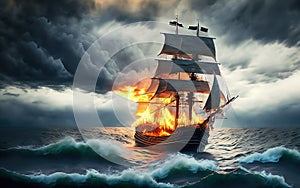 Surreal Sailing Ship, Fire, Stormy Sky and Ocean