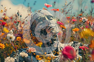 A surreal scene depicting a field of vibrant flowers blooming around a broken human sculpture, symbolizing life emerging