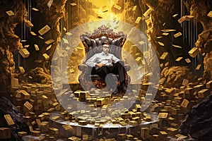 A surreal scene featuring a person sitting on a throne made of money, with cascades of cash flowing around them like a waterfall