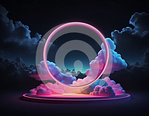 A surreal scene with a glowing neon circle surrounded by fluffy clouds against a starry night sky.