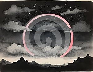 A surreal scene with a glowing neon circle surrounded by fluffy clouds against a starry night sky.