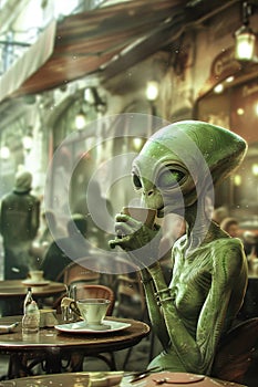 A surreal scene, a green-skinned extraterrestrial casually sips coffee at a bustling cafÃ