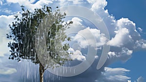 Surreal Scene of Rain Falling on a Single Tree