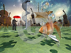 Surreal scene with various elements